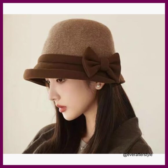 Wool Felt Fedora Hat with Bow, Soft Elegant Bucket Cap for Women